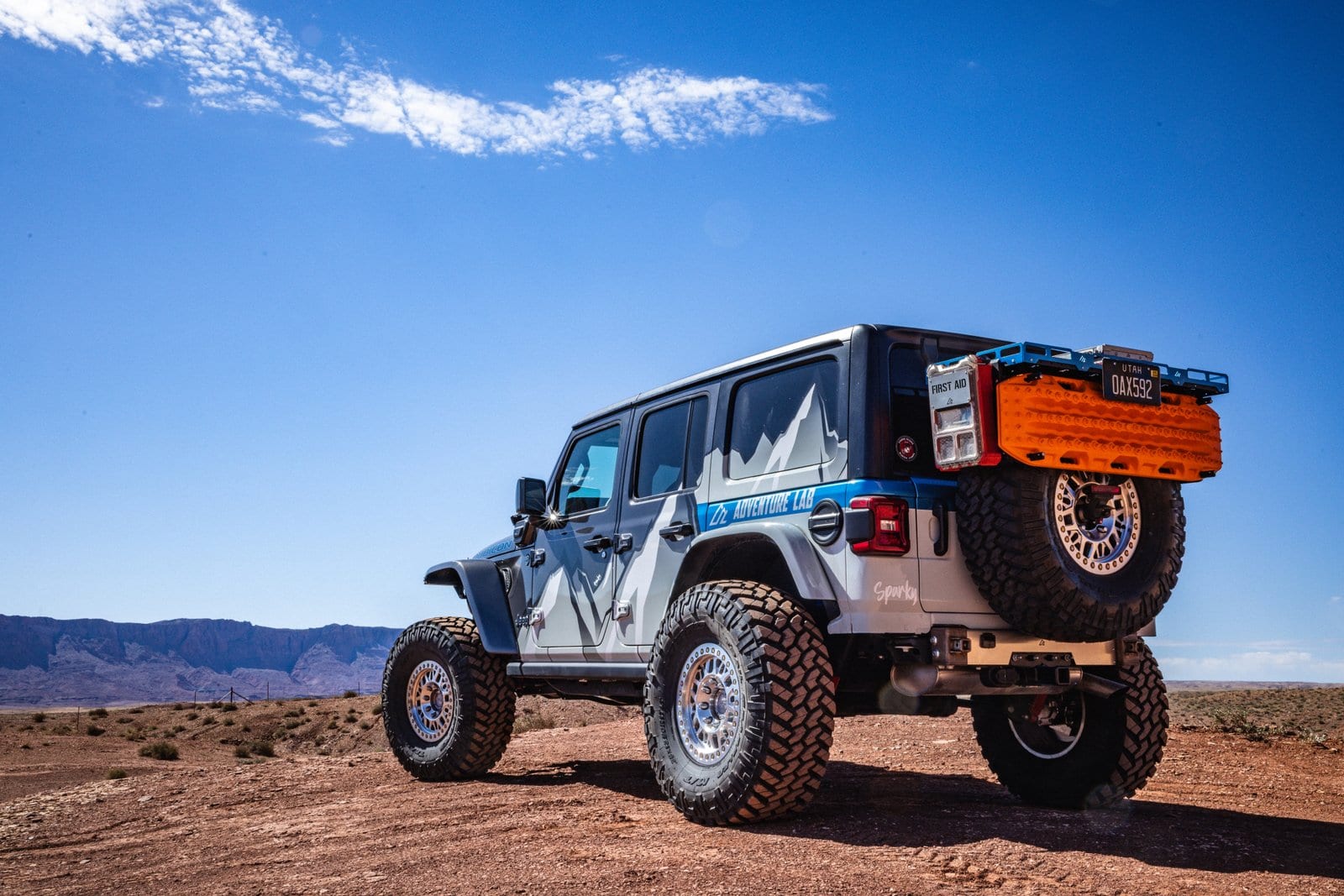 Sparky the Wrangler Rubicon 4xe photographed on a desert pull-off near Marble Canyon.