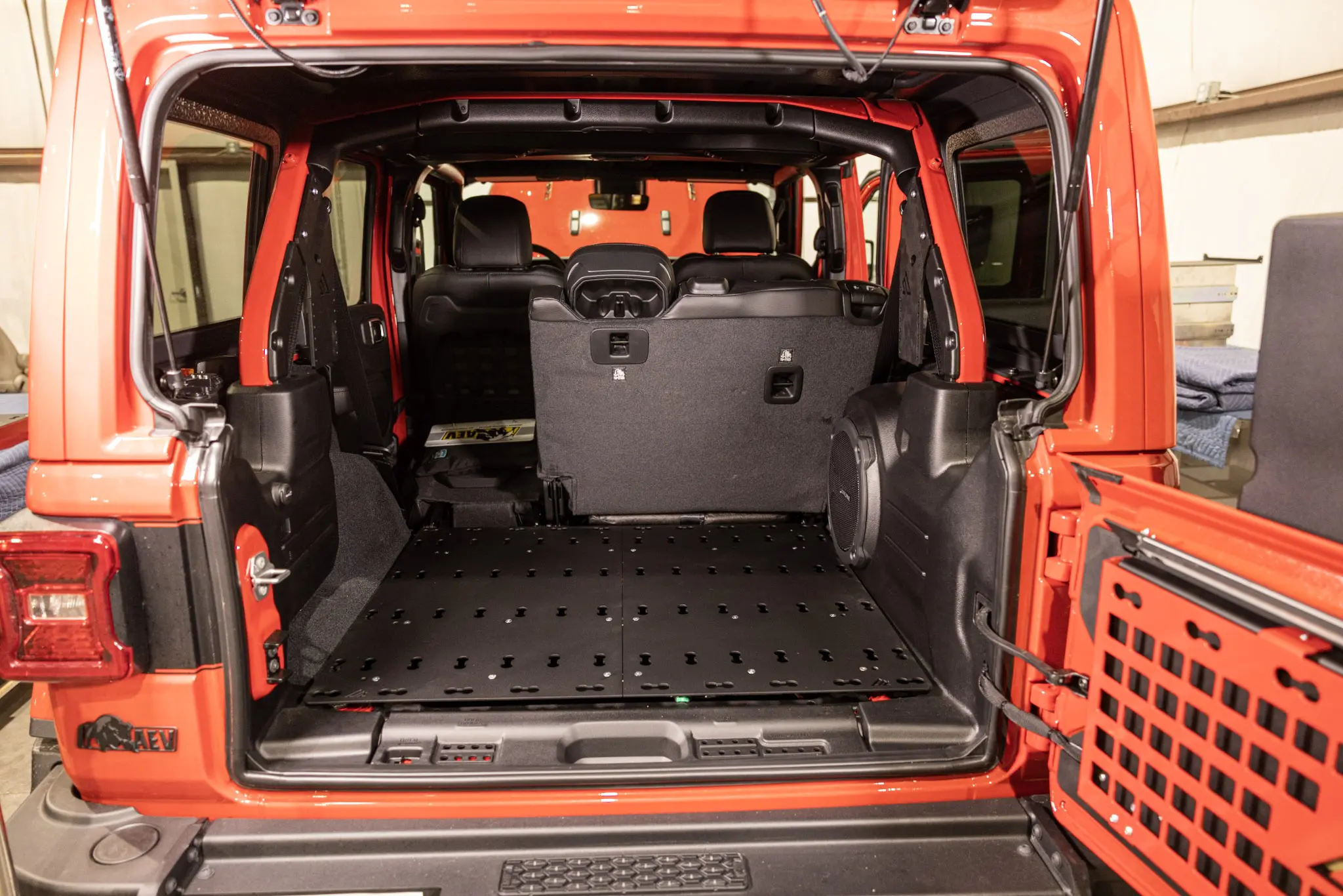 Jeep cargo area with an installed M.A.S.S. storage platform
