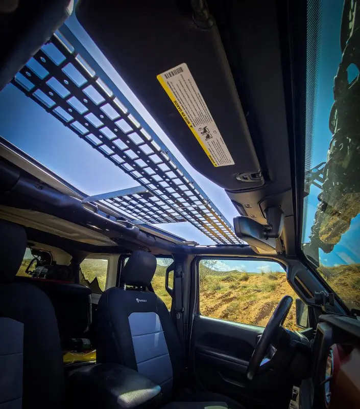 JL/JT overhead MOLLE shelf installed above the front-seat area