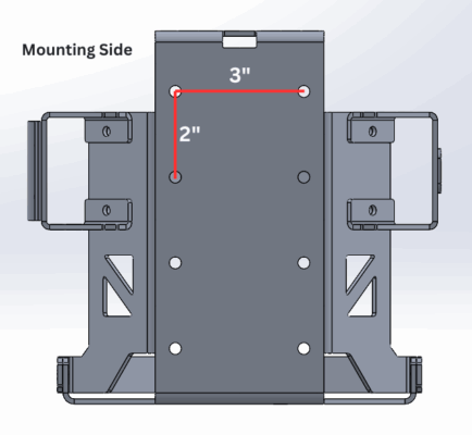 Mounting-side diagram showing 3-inch by 2-inch hole spacing for the 5LB propane tank mount