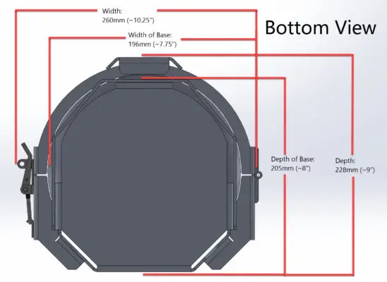 Bottom-view dimension diagram for the 5LB propane tank mount with width and depth measurements