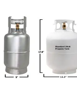 Detail view of the Flame King aluminum 10 lb propane tank