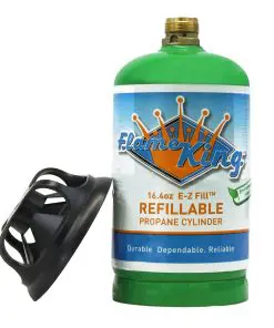 Green Flame King 1LB refillable propane tank with protective cap