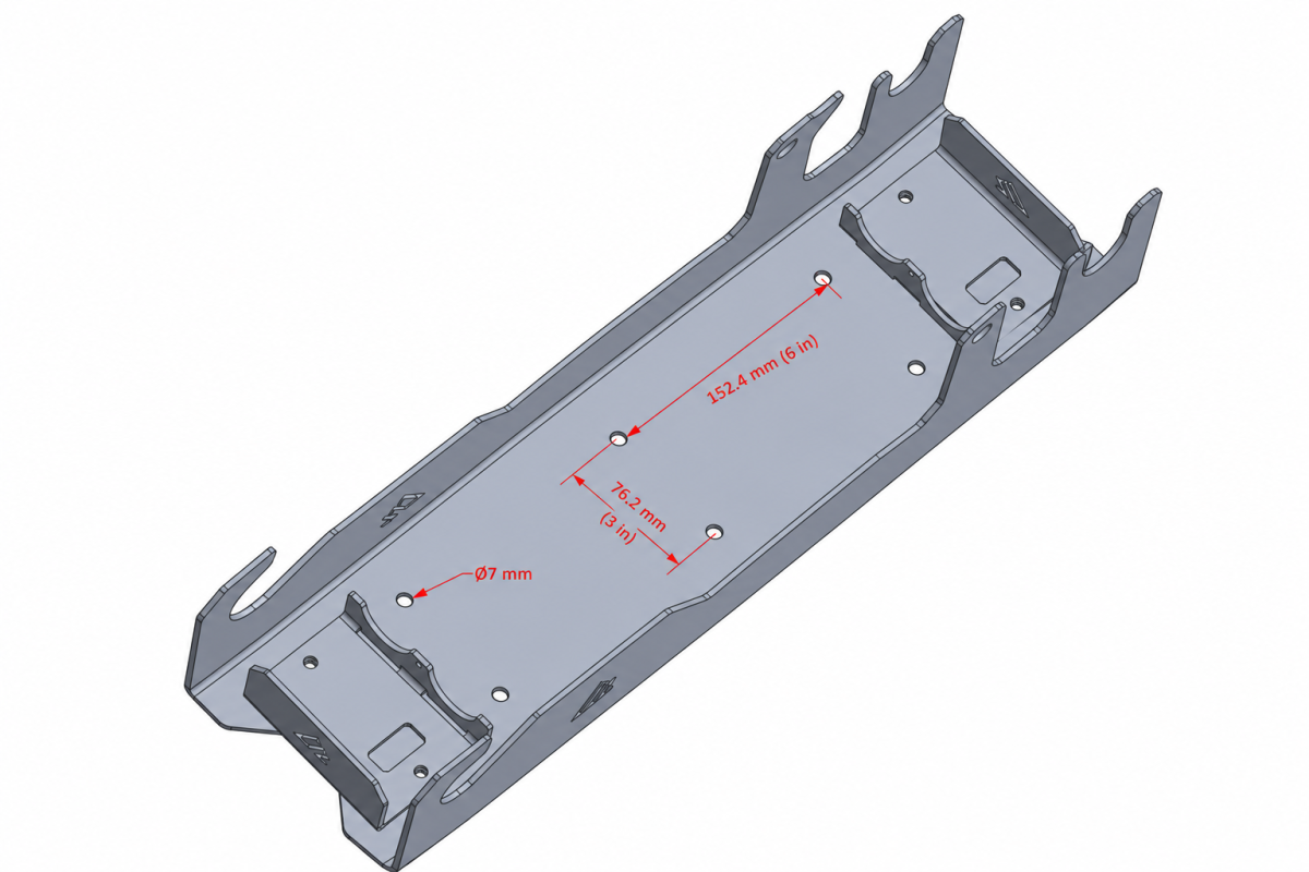 Badland Jack Mount base mounting diagram: 7 mm holes with 152.4 mm lengthwise and 76.2 mm crosswise center spacing.