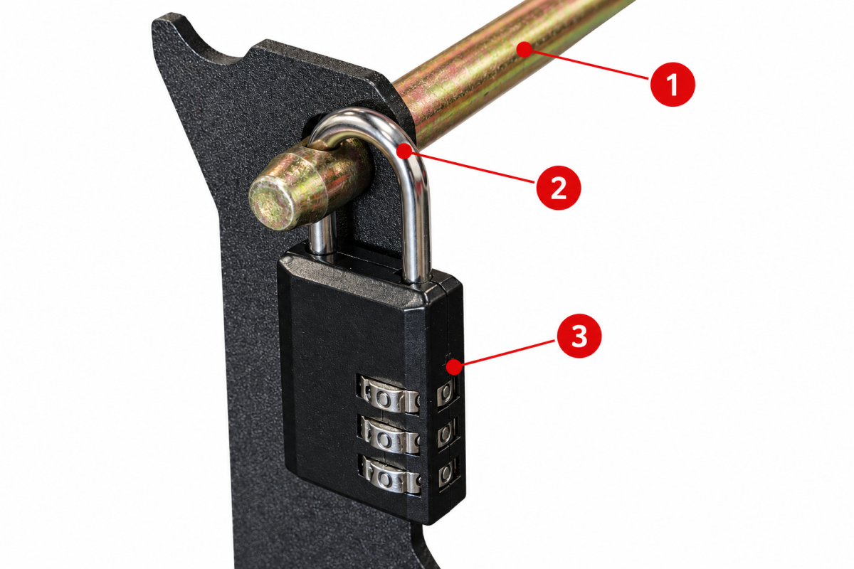 Padlock fitted through the retaining hole in the included hitch pin. Numbered callouts identify the pin, padlock shackle and optional padlock.
