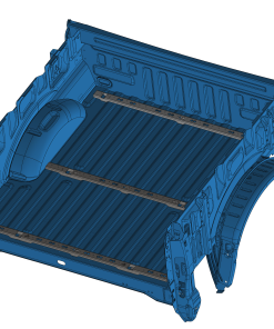 CAD illustration showing front, middle, and rear F-150 BASE rails positioned across a truck bed.