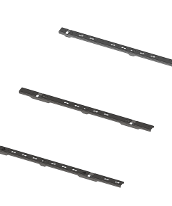 CAD rendering of the three F-150 BASE rail assemblies showing dogbone L-track cutouts and round mounting holes.