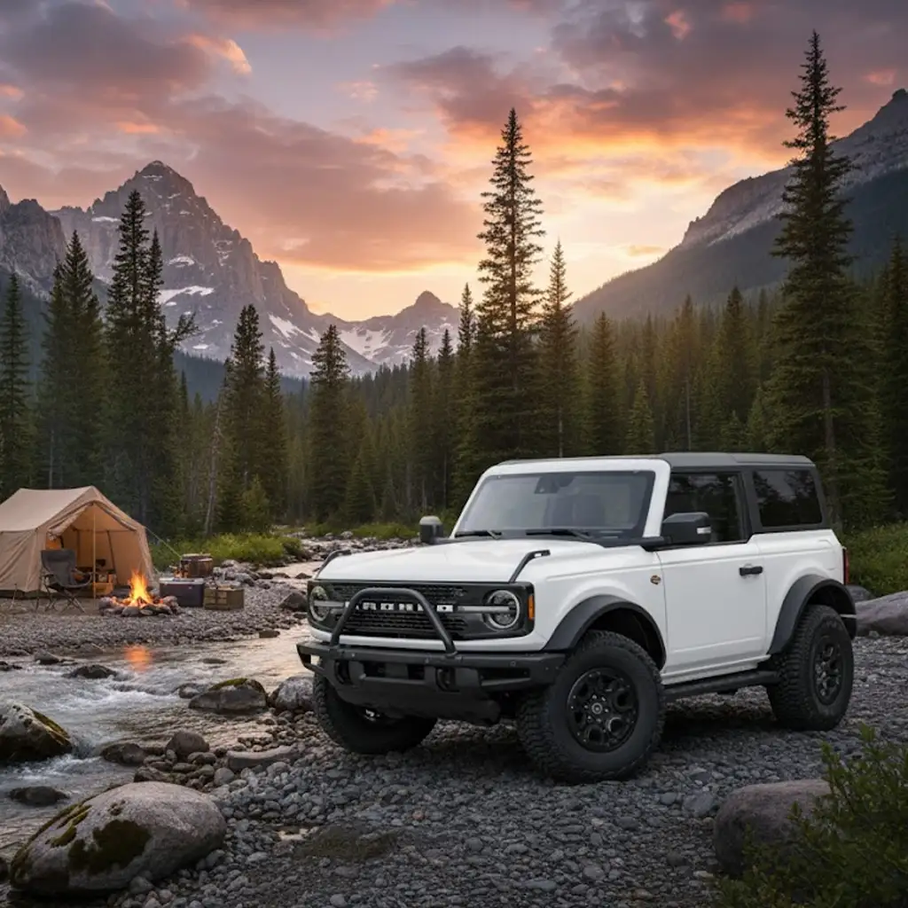 2-Door 6th Gen Ford Bronco next to a mountain stream doing some camping