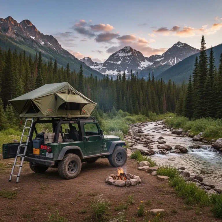 Jeep Wrangler LJ on an overland trail with rooftop tent and gear
