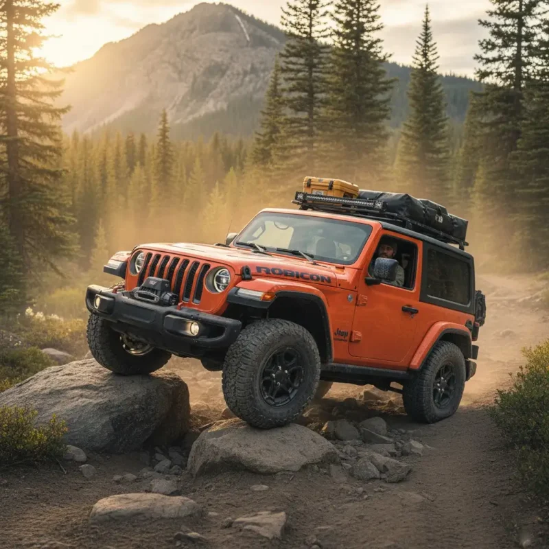 Jeep Wrangler JL 2-Door on trail equipped with overland gear and rooftop tent
