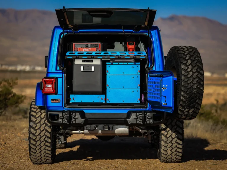 Jeep Wrangler JLU four-door set up for overlanding with cargo system