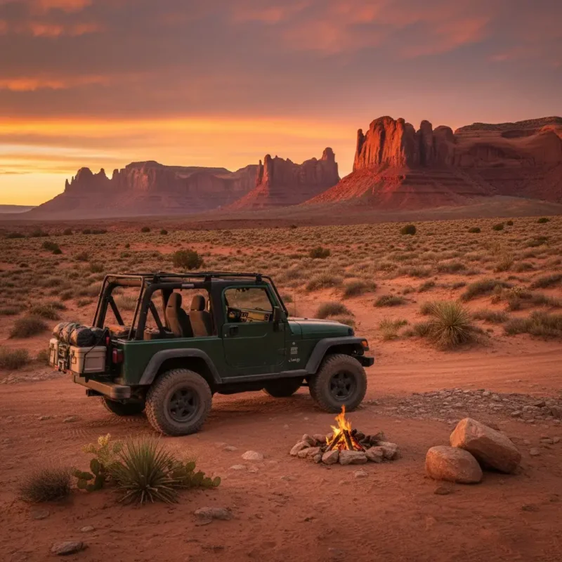 Jeep Wrangler TJ navigating rocky terrain with camping gear