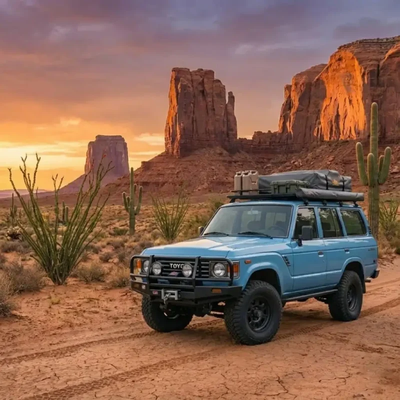 Toyota Land Cruiser FJ60/FJ62 overland build parked on a trail with gear